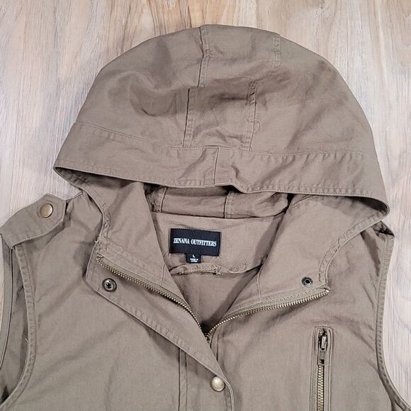 💜Zenana Olive Zipper Front Hooded Sleeveless Utility Jacket Large - Picture 5 of 16